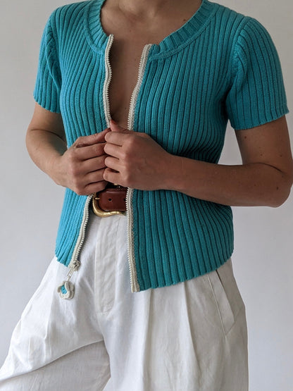 90s Aqua Ribbed Zip Cardigan