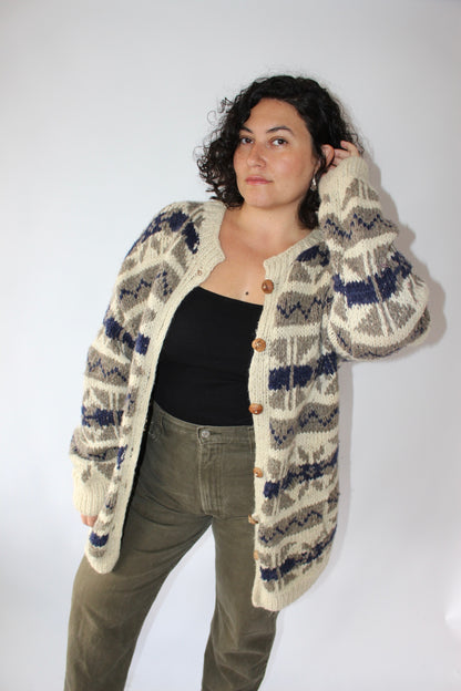 Vintage Hand Knit Patterned Wool Cardigan