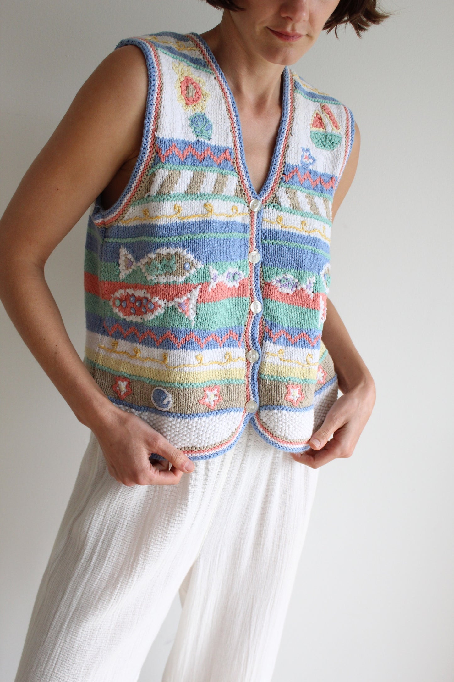 Vintage Fish Embroidered Sweater Vest