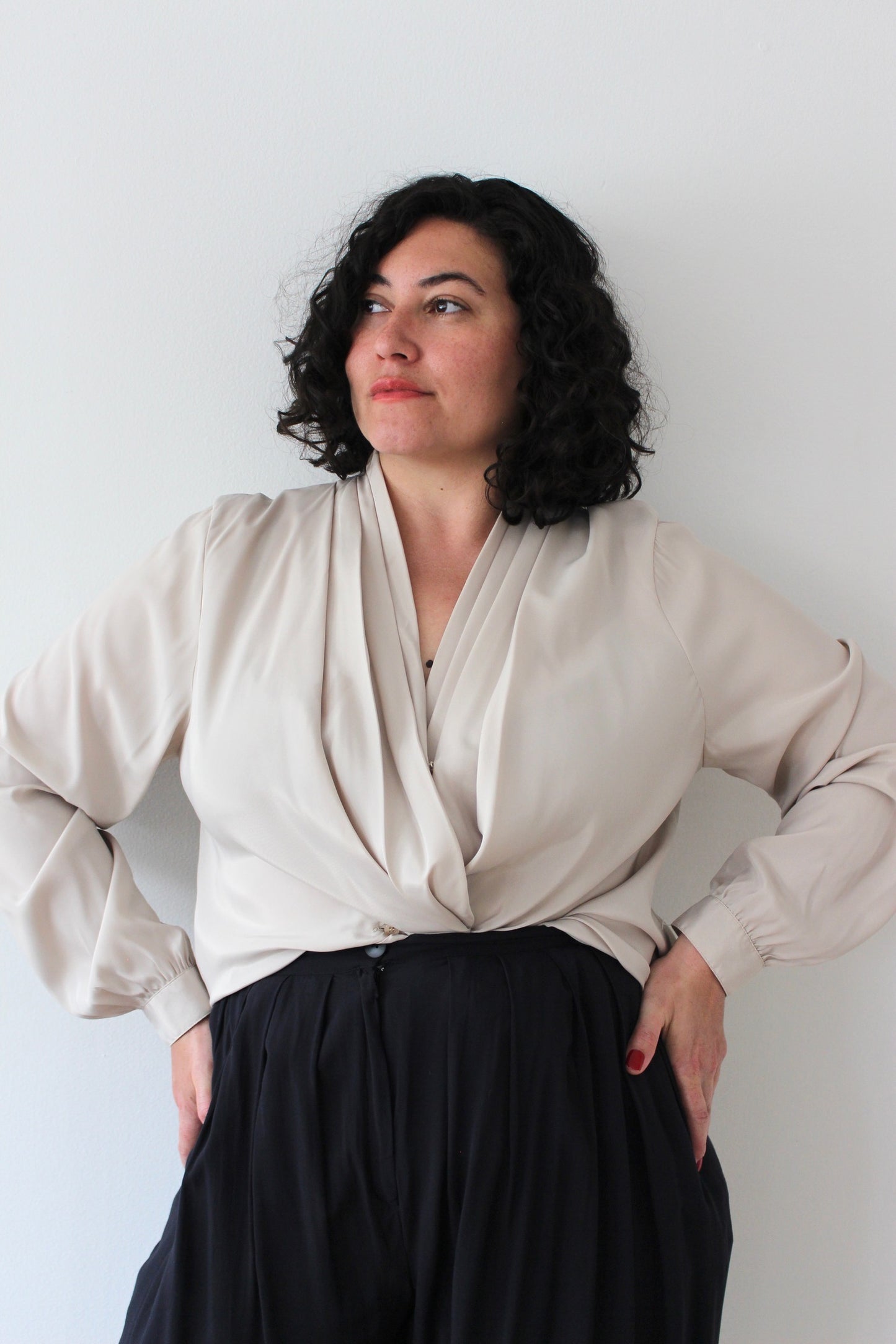 Vintage Low-V Pleated Blouse