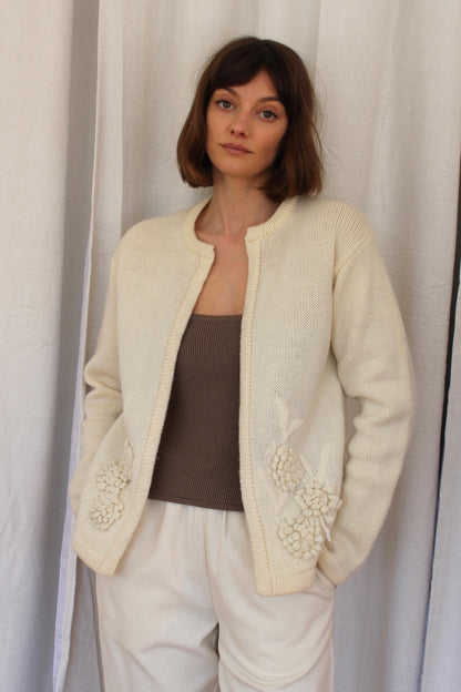Vintage Buttercream Embroidered Wool Cardigan