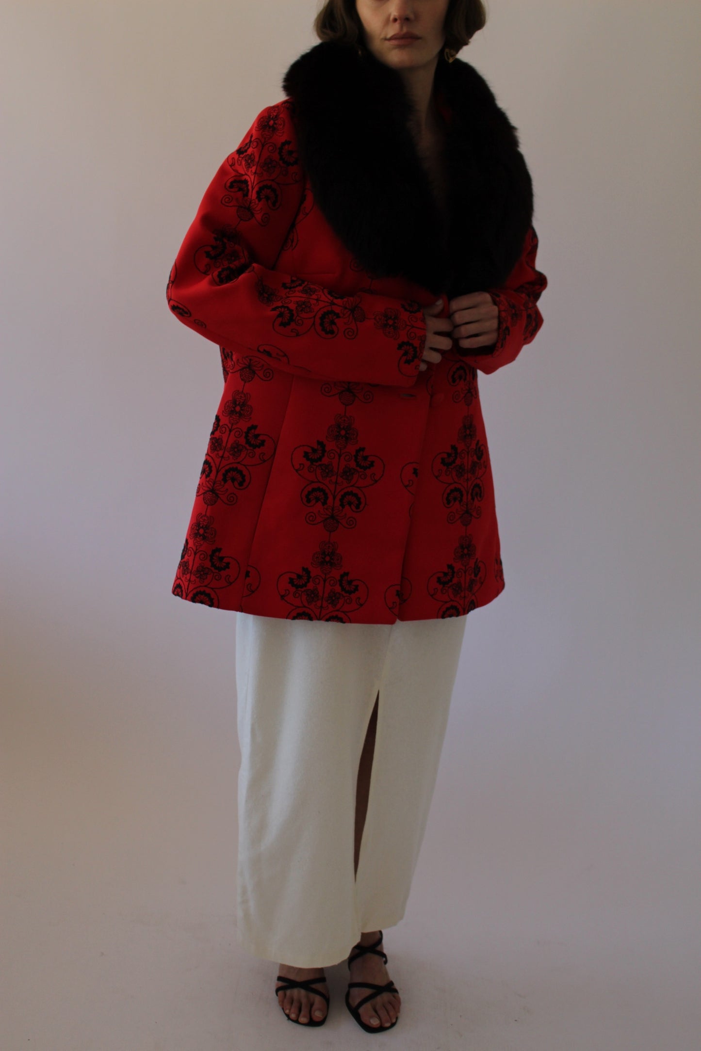 Incredible Vintage Crimson Embroidered Fur-Collar Jacket