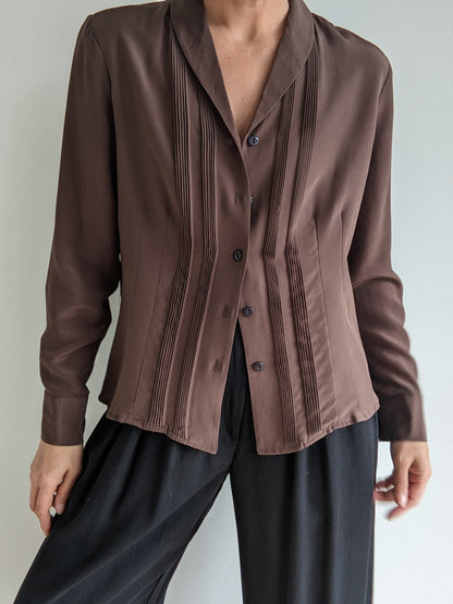 Vintage Cocoa Pleated Silk Blouse