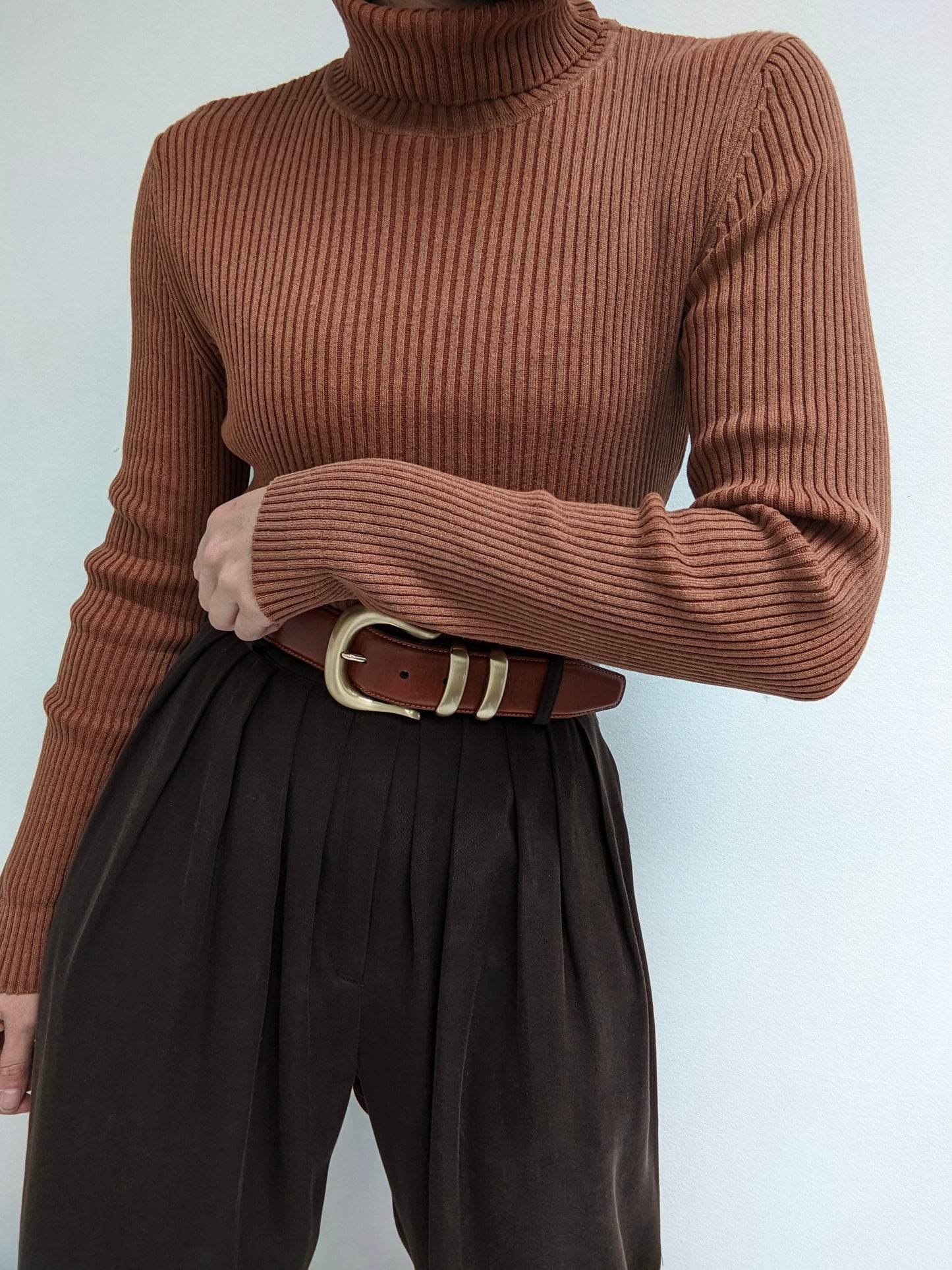 Vintage Hazelnut Silk Ribbed Turtleneck