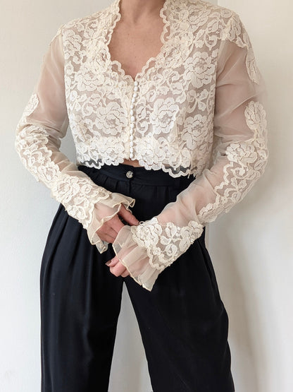Rare Vintage Ivory Sheer Floral Lace Blouse