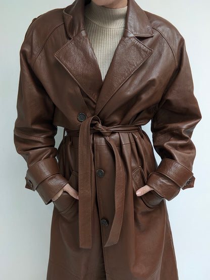 Vintage Tobacco Leather Belted Trench Coat