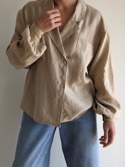 Vintage Sand Linen Balloon Sleeve Blouse
