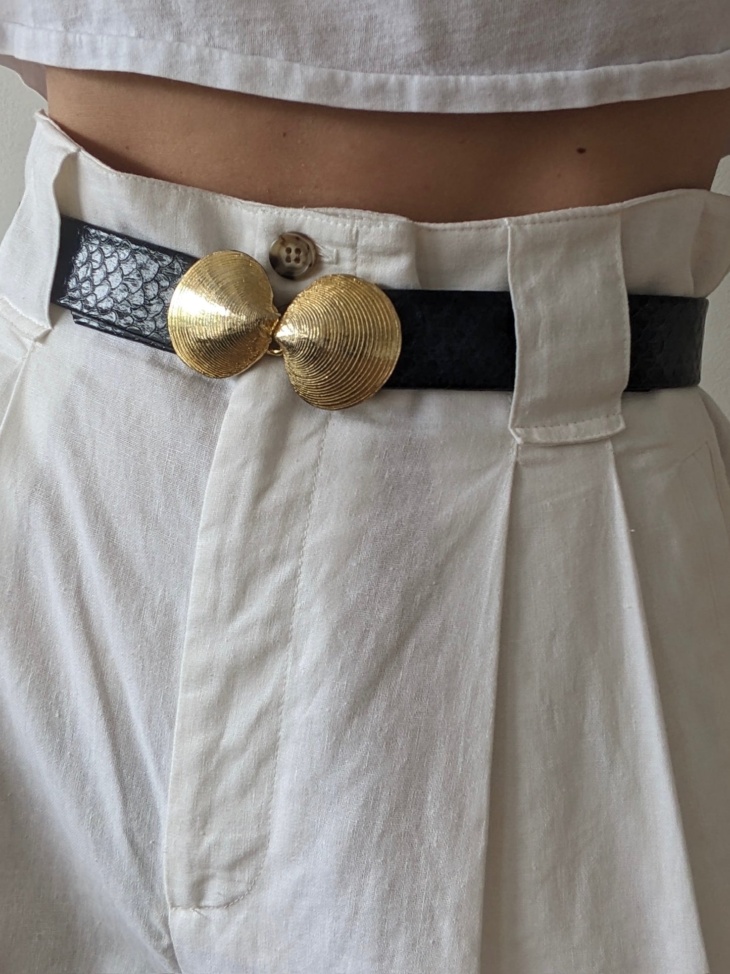 Vintage Embossed Leather & Shell Buckle Belt