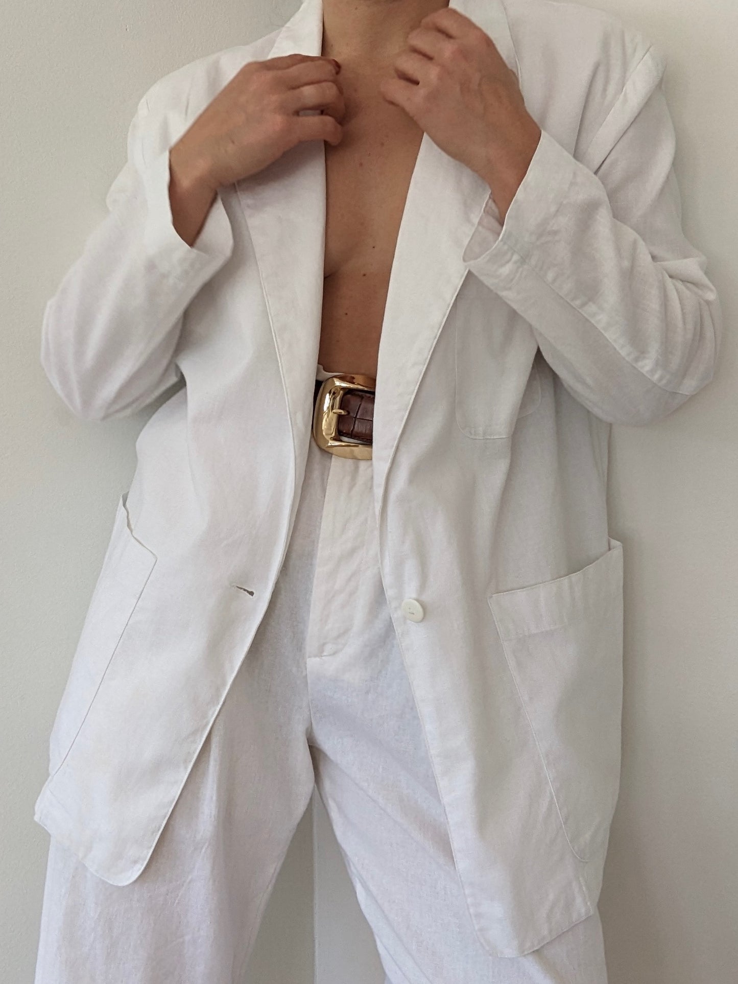 Vintage White Woven Cotton Blazer
