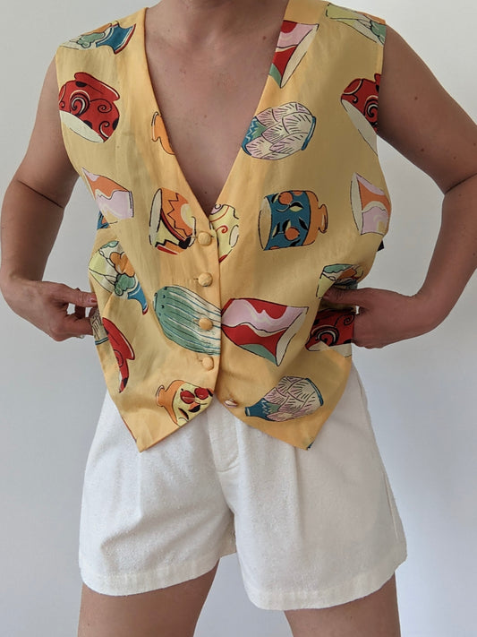 Vintage Vase-Print Silk Vest