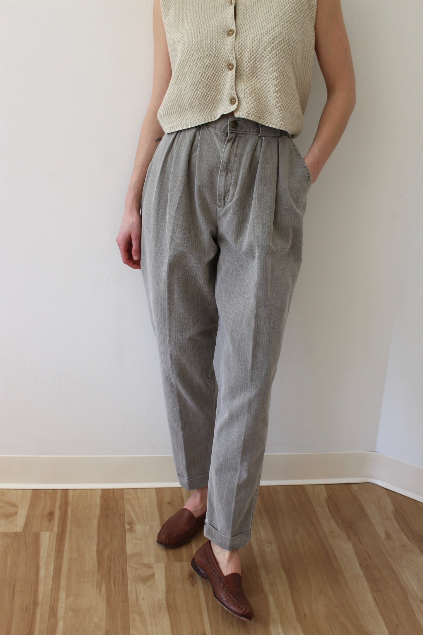 Vintage Stone Pleated Cotton Trousers