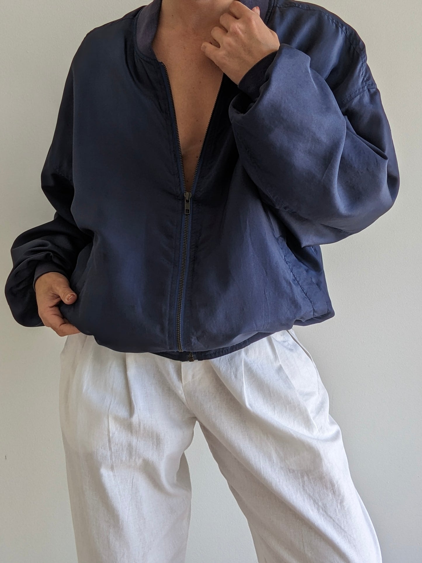 Vintage Navy Washed Silk Bomber Jacket