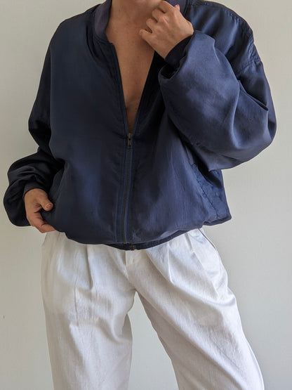 Vintage Navy Washed Silk Bomber Jacket