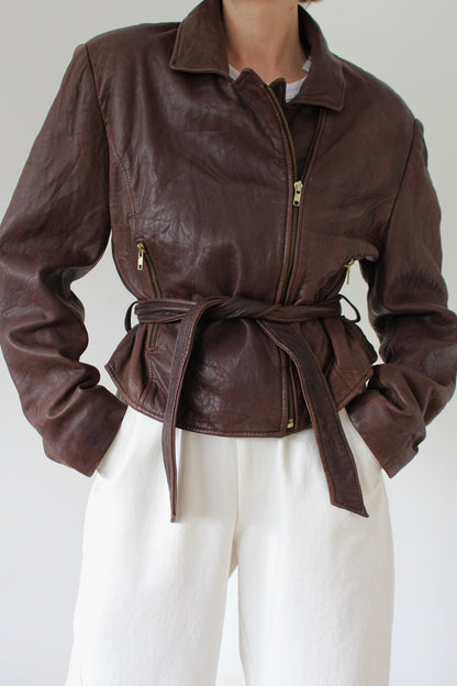 Incredible Vintage Chestnut Belted Leather Jacket