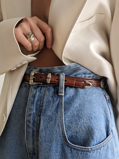 Vintage Embossed Leather & Silver Pendant Belt
