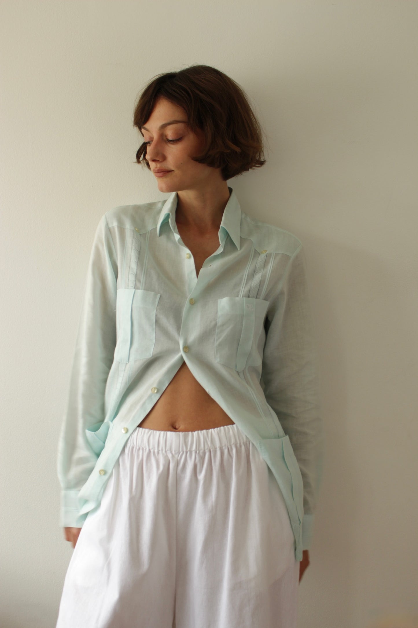 Vintage Oscar de la Renta Aqua Linen Button Up