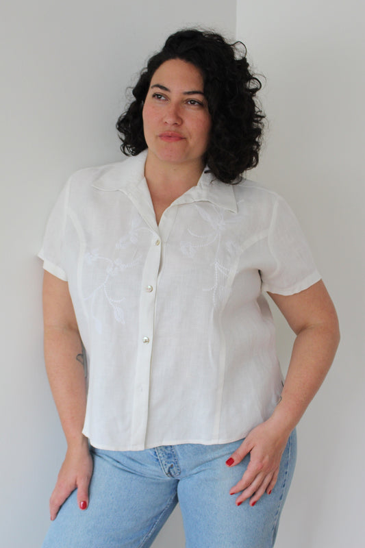 Vintage Floral Embroidered Linen Blouse