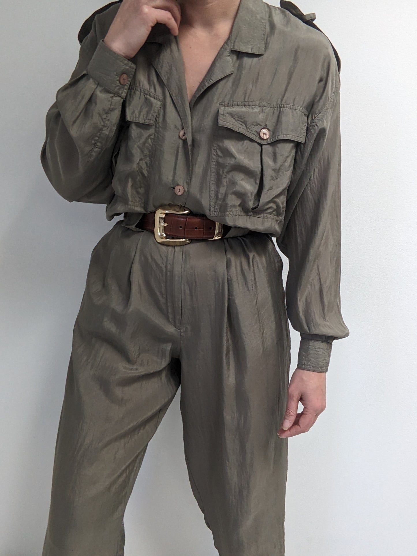 Vintage Olive Smooth Silk Jumpsuit