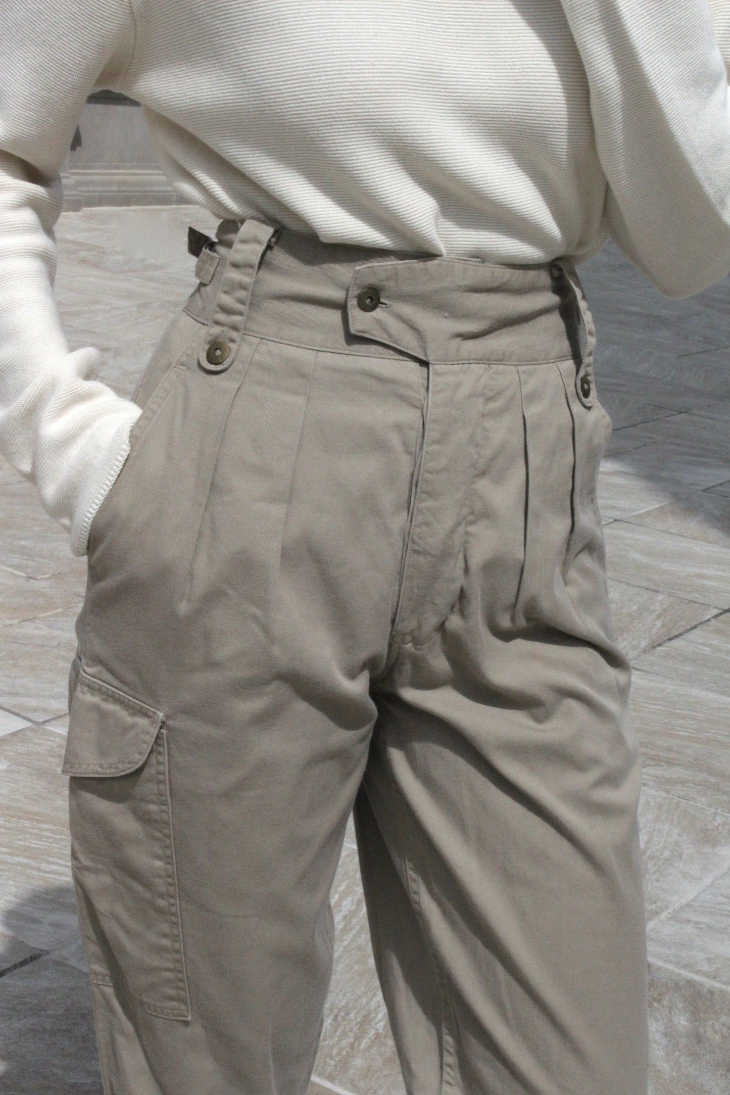Vintage Pleated Cotton Twill Cargo Pants