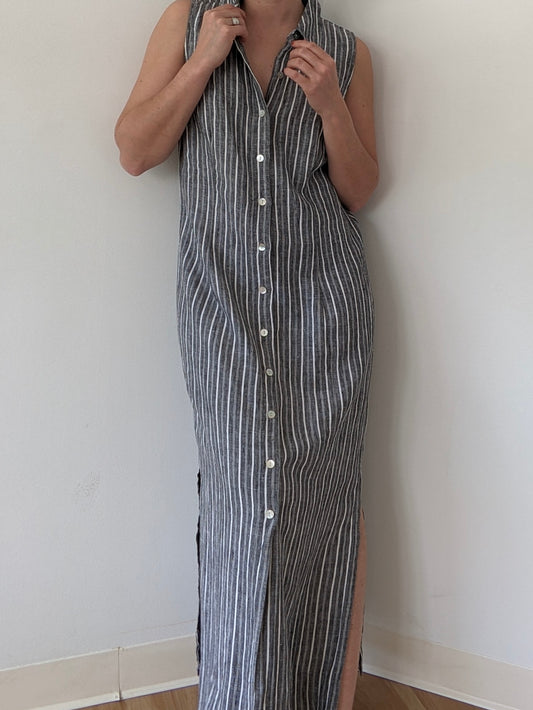 Vintage Graphite Striped Linen Market Dress