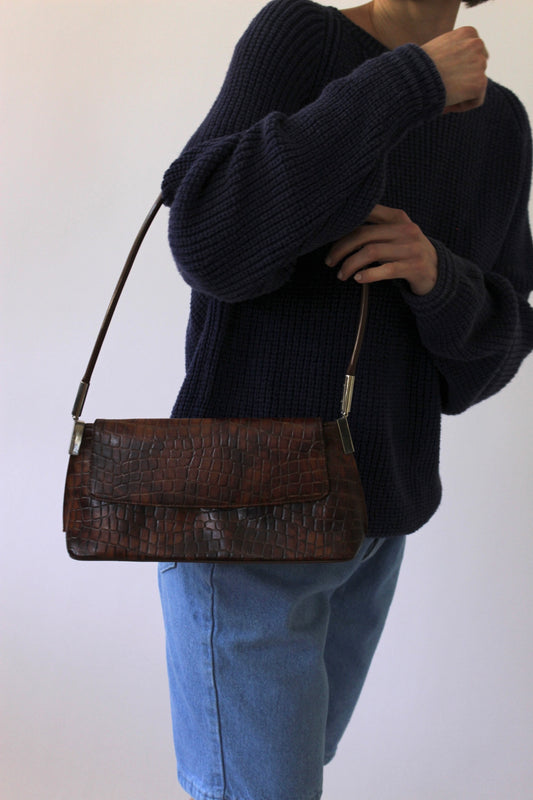 90s Croc-Embossed Leather Shoulder Bag
