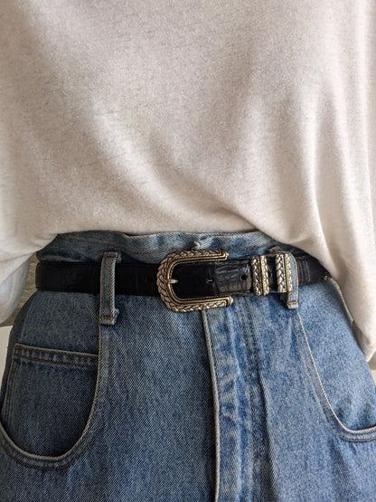 Vintage Black Embossed Leather Belt