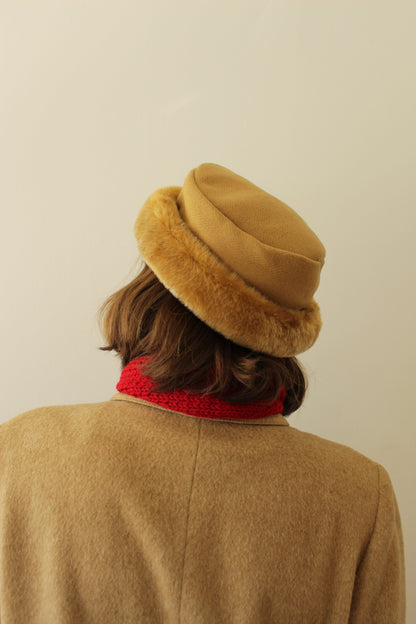 Vintage Caramel Wool Herringbone & Faux Fur Hat