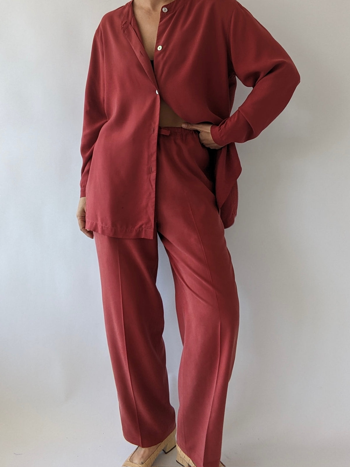 Vintage Faded Red Silk Leisure Pant Set