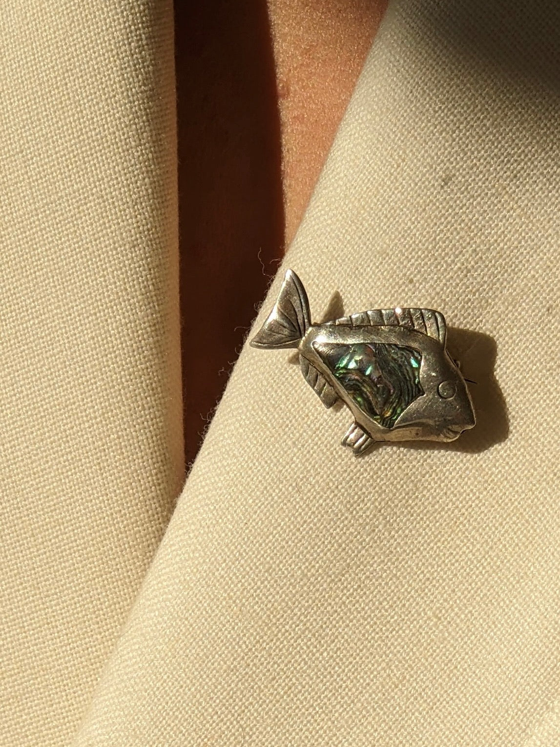 Petite Vintage Sterling Silver & Abalone Fish Brooch