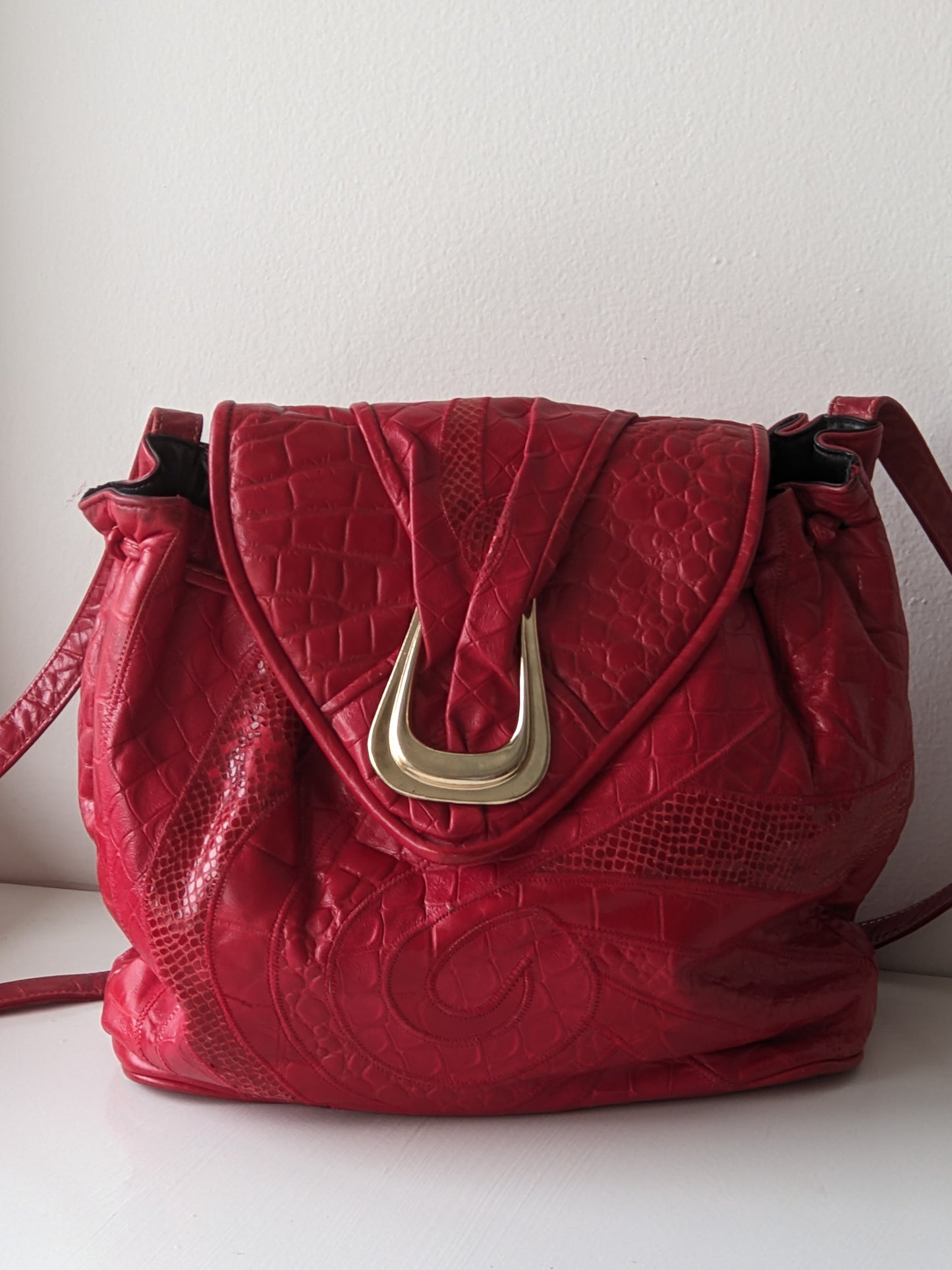 Bold Vintage Embossed Leather & Snakeskin Bucket Bag