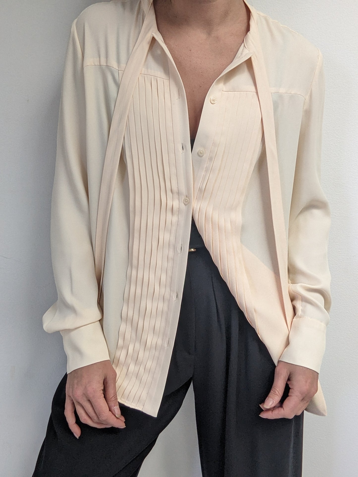 Vintage Buttercream Pleated Tie Blouse