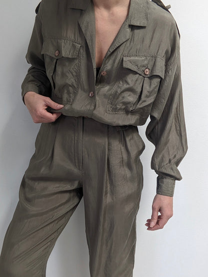 Vintage Olive Smooth Silk Jumpsuit