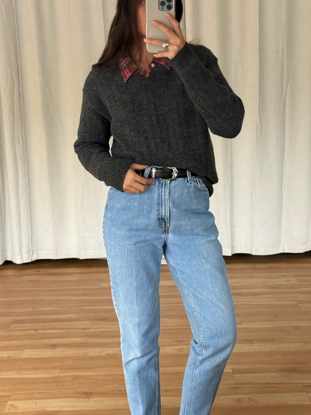 Vintage Charcoal Wool V-Neck Sweater