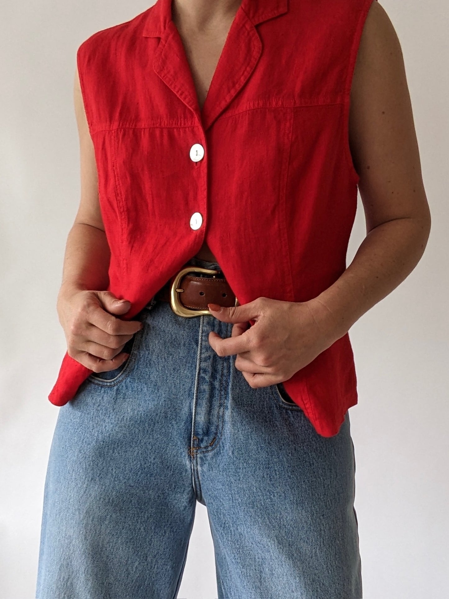 Vintage Cherry Linen Sleeveless Blouse