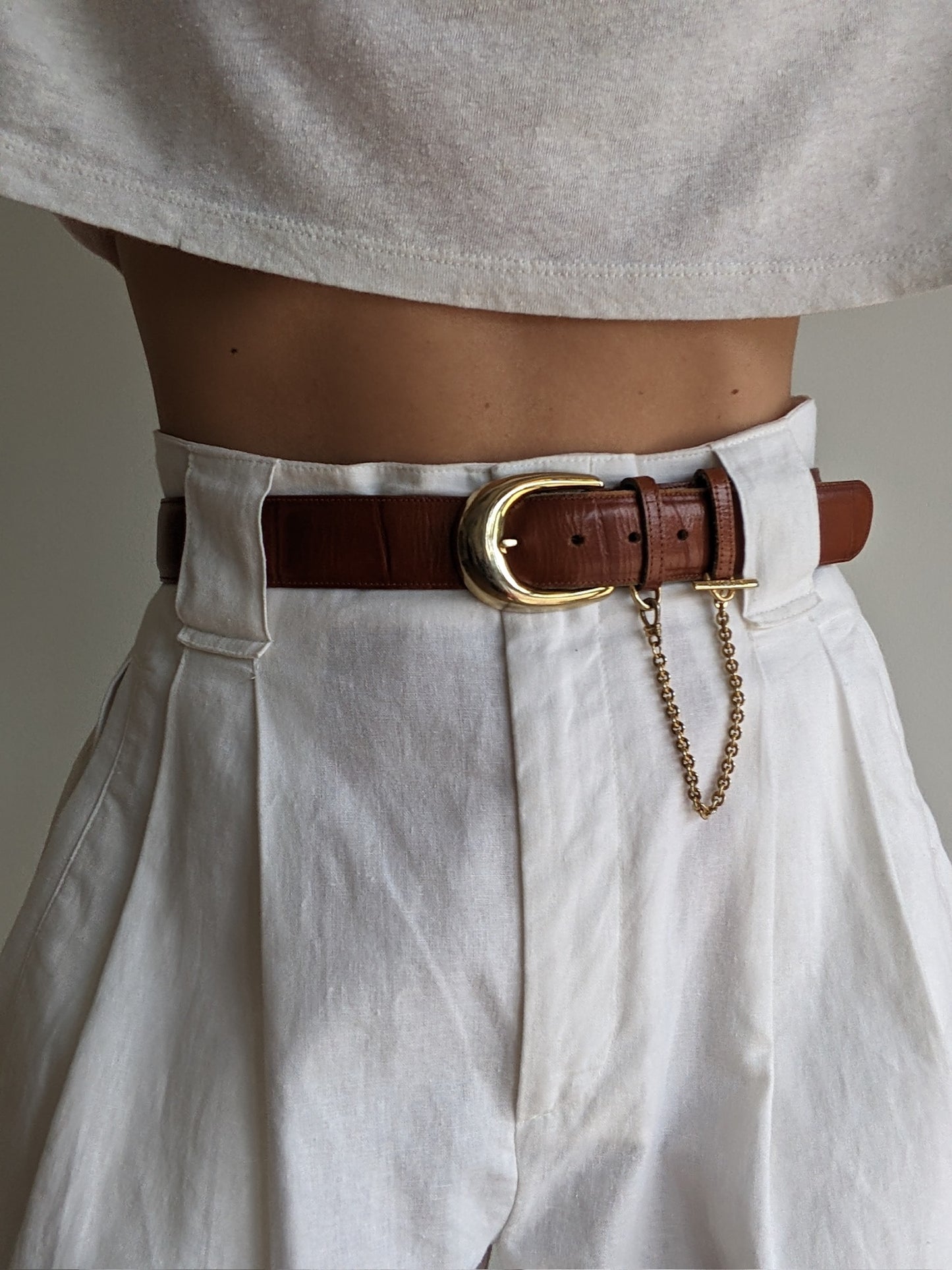 Vintage Cognac Croc-Embossed Leather & Chain Belt