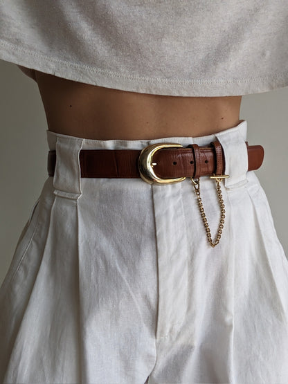 Vintage Cognac Croc-Embossed Leather & Chain Belt