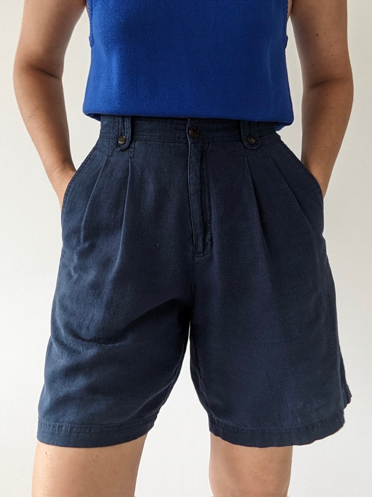 Vintage Navy Linen Pleated Shorts