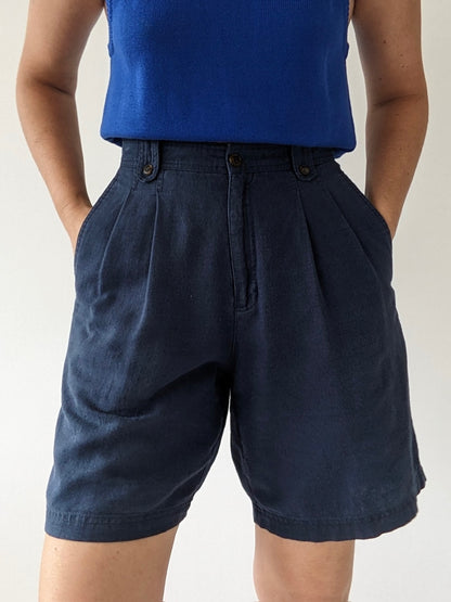 Vintage Navy Linen Pleated Shorts