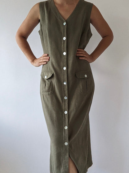 Vintage Olive Linen Market Dress