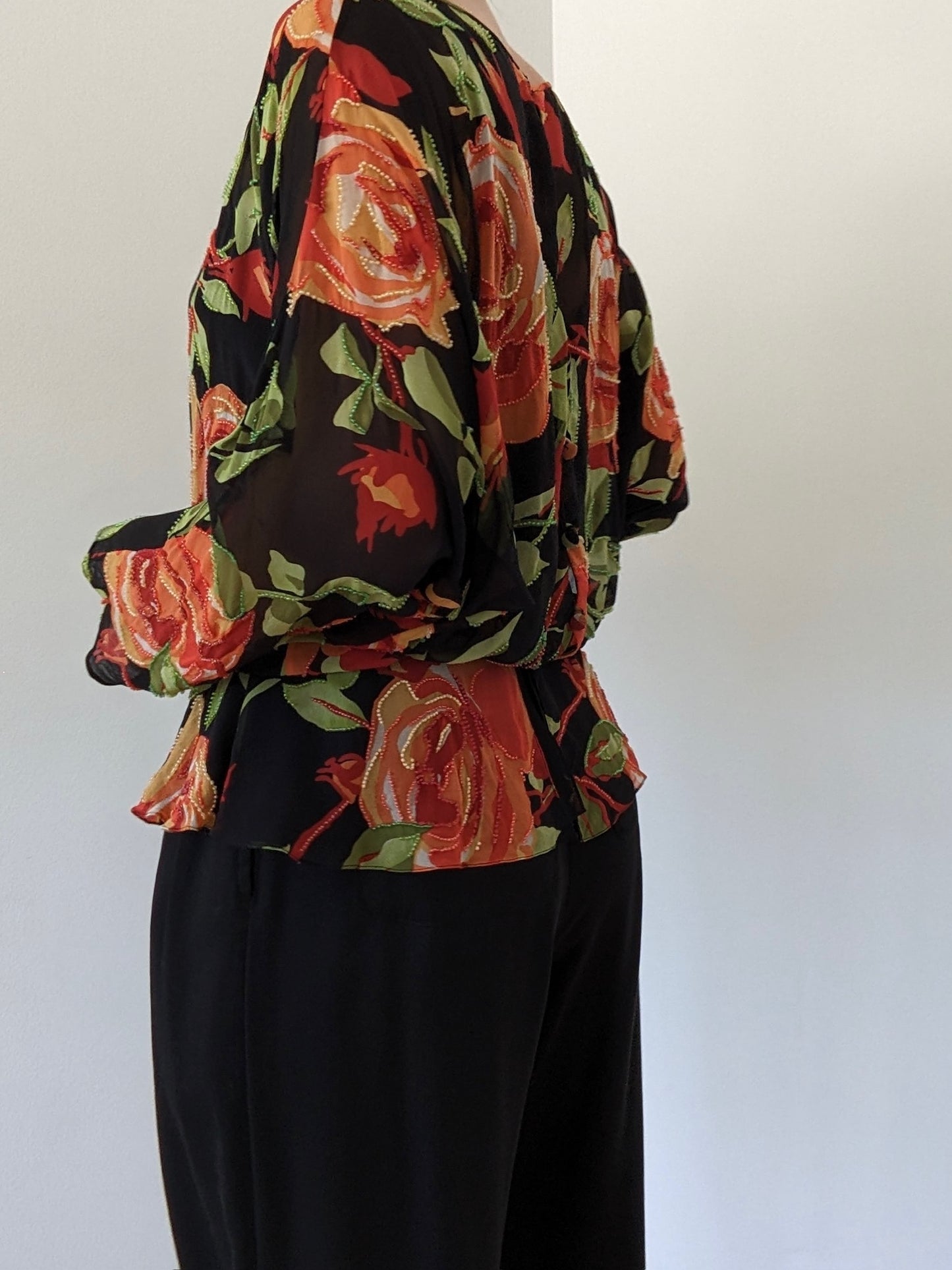 Incredible Vintage Embellished Floral Dolman Silk Blouse