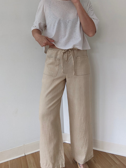 Vintage Sand Linen Wide Leg Pants