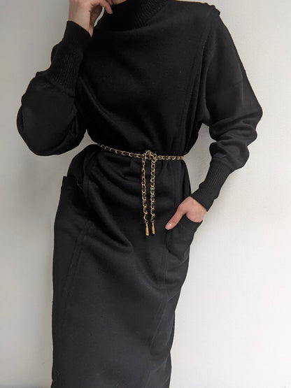 Beautiful Vintage Belted Black Wool Dress