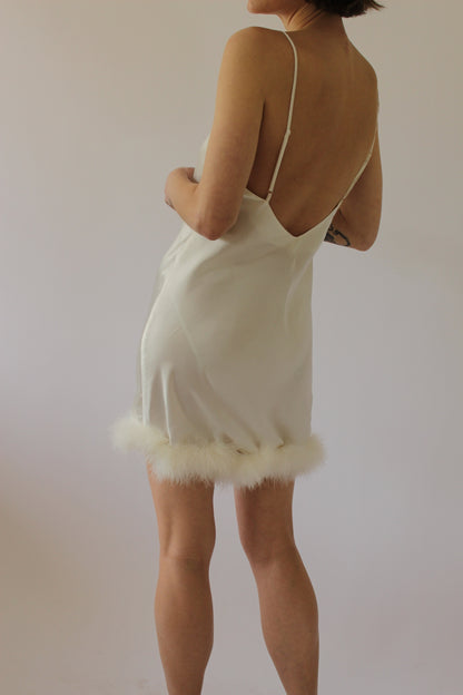 Vintage Satin Faux-Fur Trim Slip Dress
