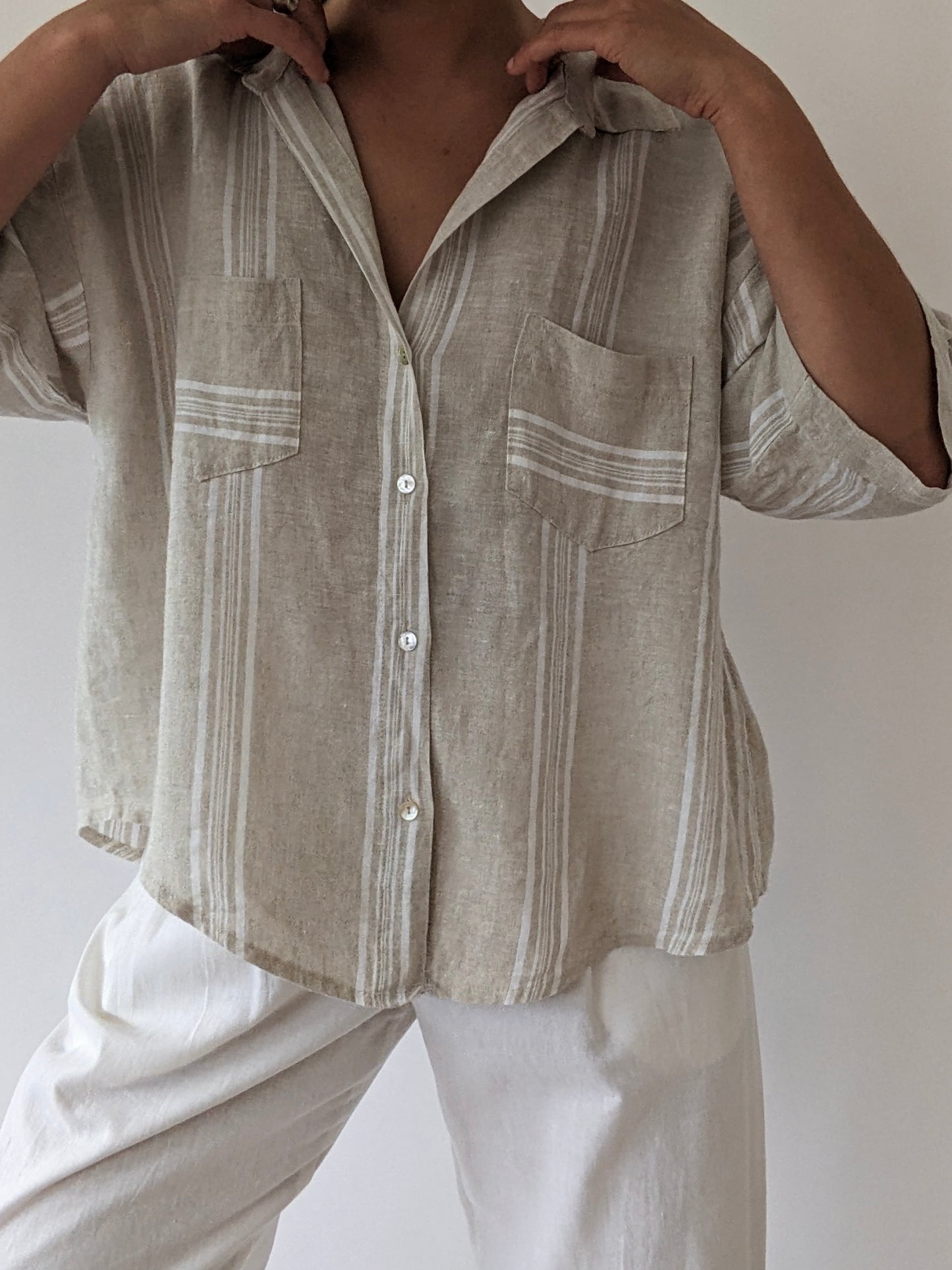 Vintage Striped Oat Linen Blouse