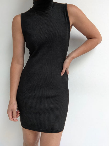 90s Black Ribbed Mock Neck Dress