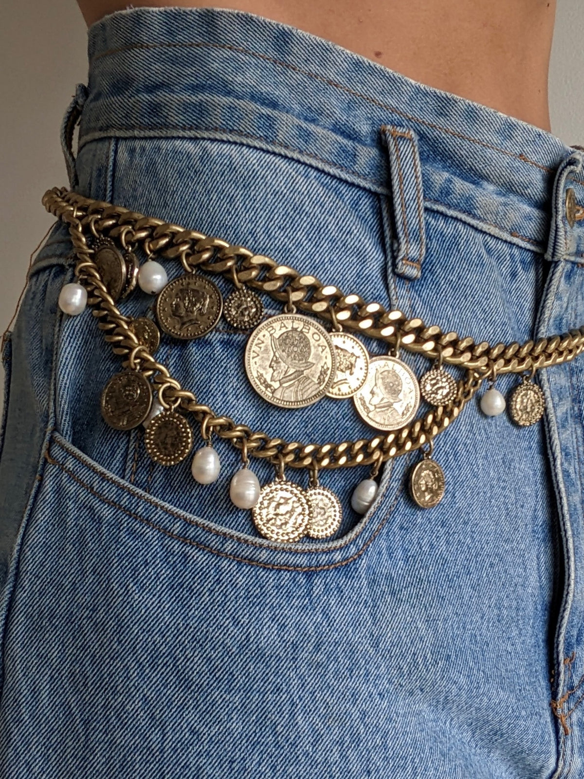 Statement Vintage Coin & Faux Pearl Chain Belt