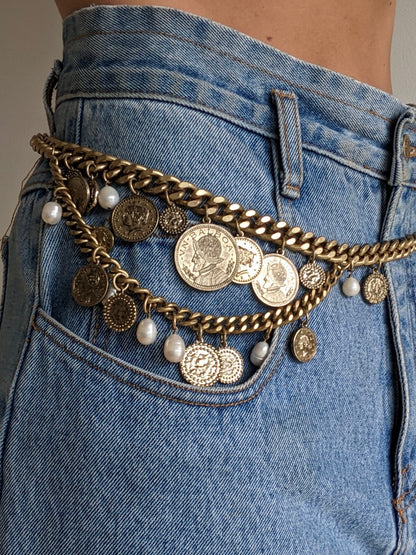 Statement Vintage Coin & Faux Pearl Chain Belt