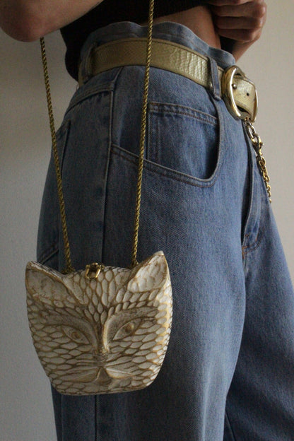 Vintage Timmy Woods Sculptural Wooden Cat Purse
