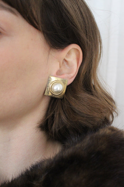 Vintage Faux Pearl Cabochon & Gold Frame Earrings