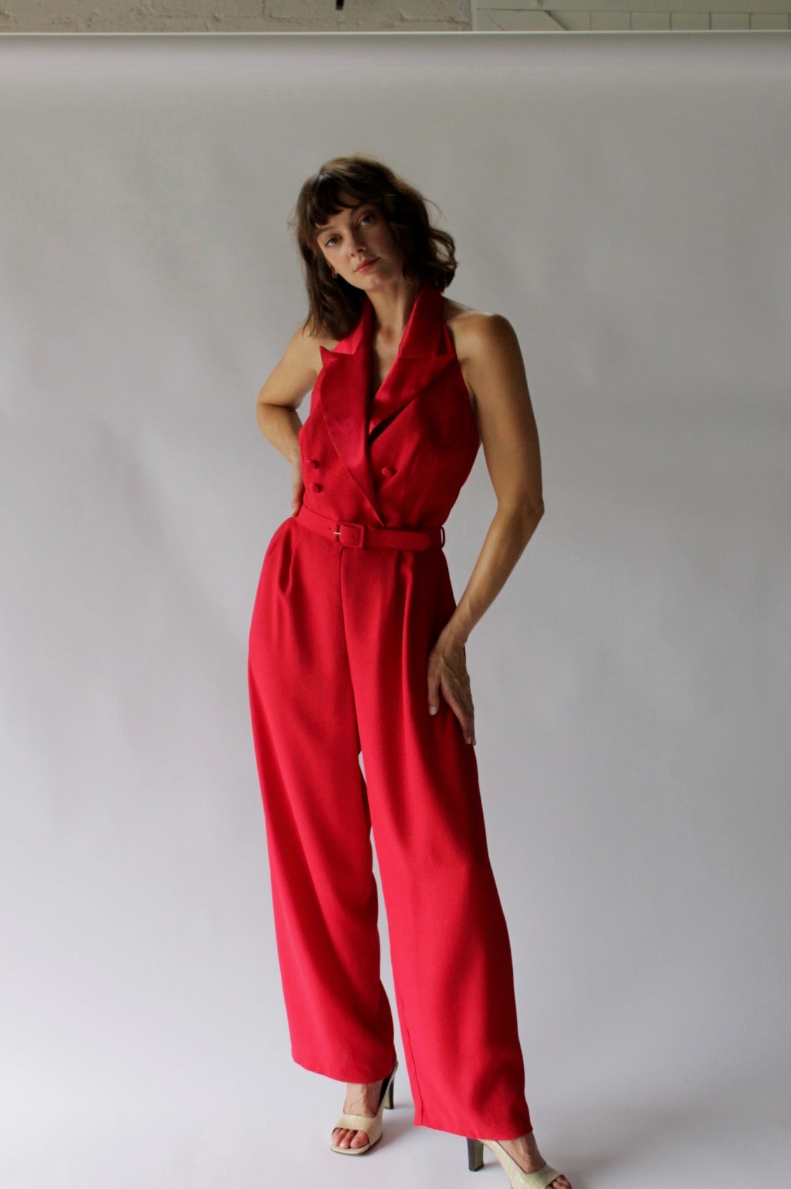 Vintage Crimson Halter Jumpsuit & Bolero Set